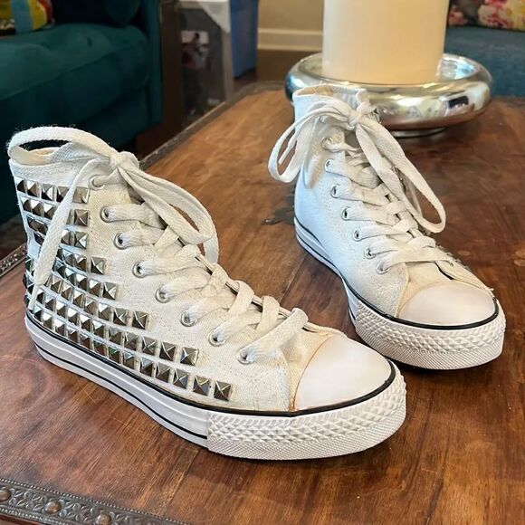 Manoush silver studded white canvas high top sneakers, size 37 EU, 6.5 U.S.! - Picture 1 of 12